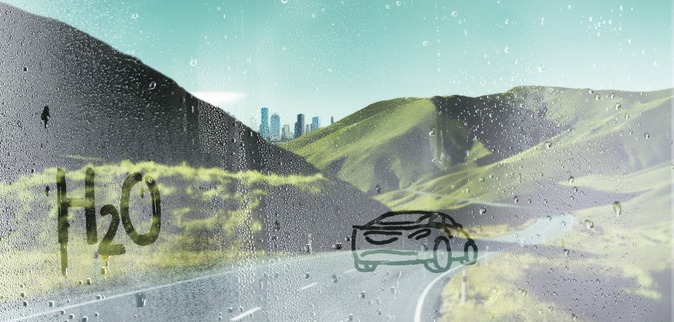 Cover of the latest hydrogen brochure giving an imagination of a low-emission mobility. Water vapour symbolizes the tail pipe emission of hydrogen cars = water vapour